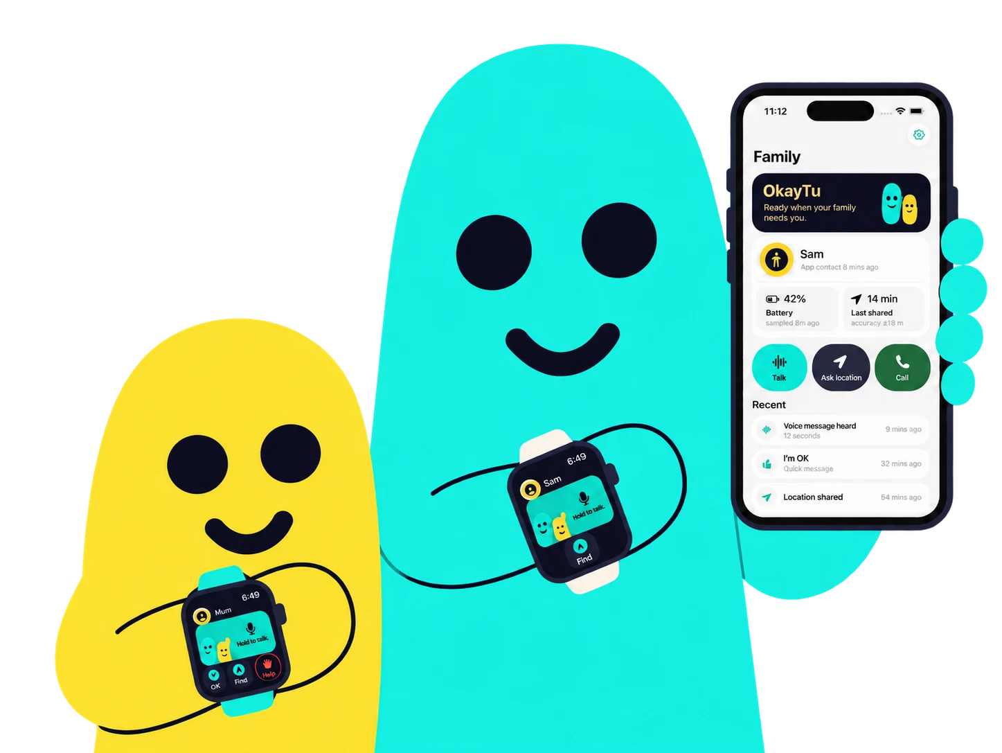 Yellow kid mascot Pip wears an aqua-banded Apple Watch. Aqua parent mascot Tu wears a cream-banded Apple Watch and holds an iPhone. All three OkayTu screens face the viewer.