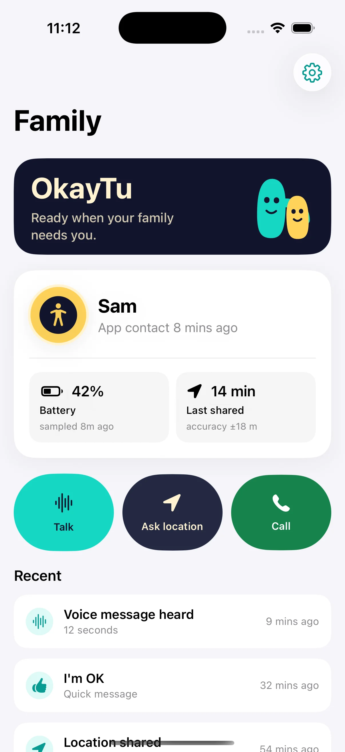 OkayTu parent iPhone dashboard concept, including planned location and battery features.