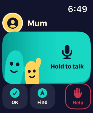 OkayTu child Watch preview: Mum, Hold to talk, OK, Find and Help. Find and Help are not connected yet.
